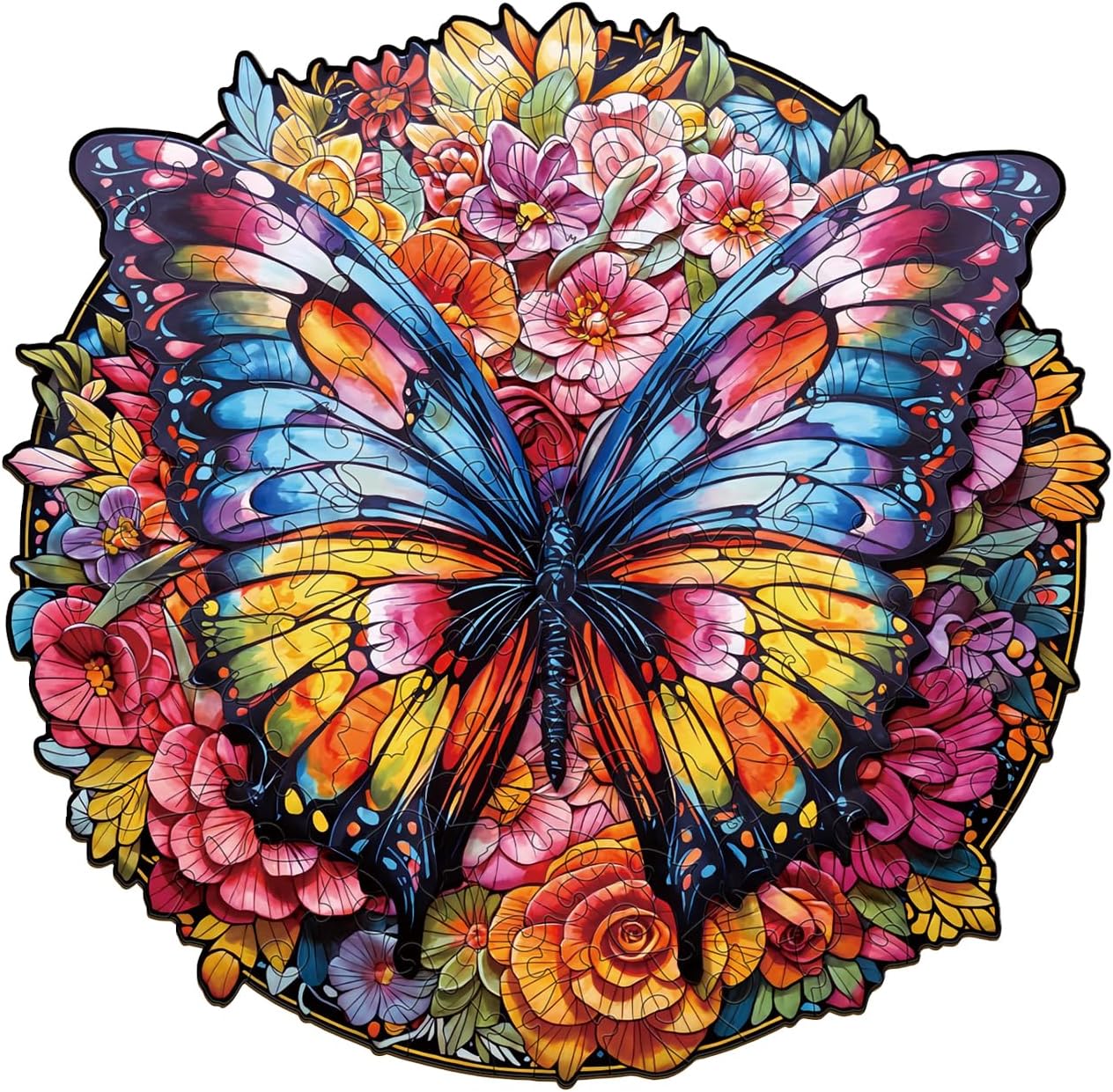 Colorful butterfly illustration surrounded by detailed pink, orange, and yellow flowers