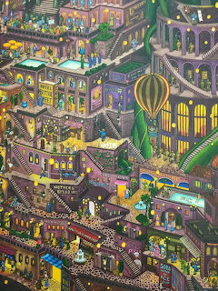 Detailed fantasy city illustration with multi-level buildings, bridges, balloons, and glowing windows at night