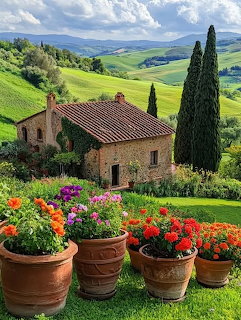Rustic stone farmhouse with red tile roof, cypress trees, flower pots on lawn, and rolling hills under cloudy sky