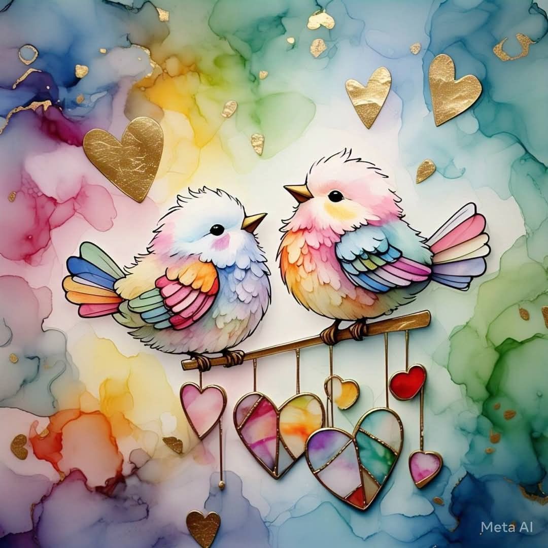 Two colorful watercolor birds on a branch with hanging hearts and a pastel abstract background