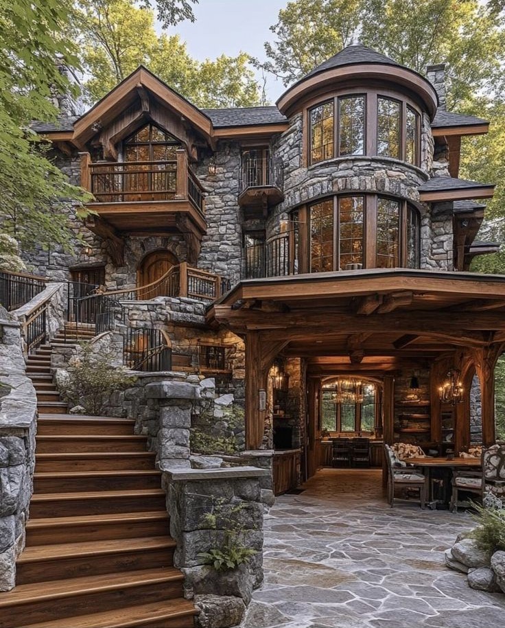Rustic stone house with wooden stairs, large windows, and a covered entrance among trees