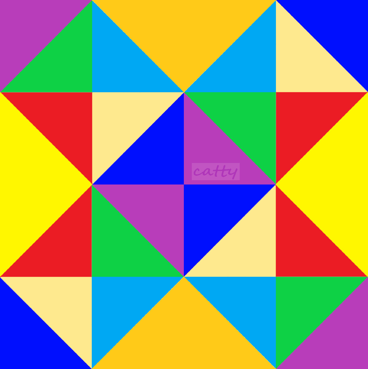 Abstract geometric pattern made of colorful triangles in red, blue, yellow, green, purple, and orange arranged symmetrically