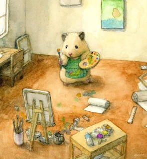 Watercolor illustration of a hamster holding a palette and paintbrush in a cluttered art studio