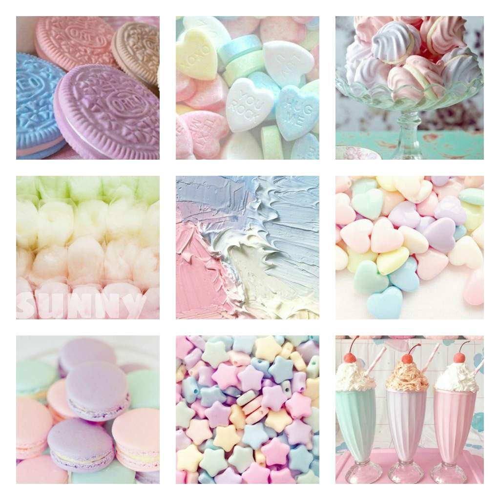 Collage of pastel candies and desserts with macarons, marshmallows, heart sweets, and pink milkshakes
