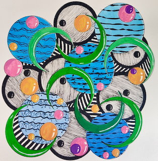 Abstract art of overlapping circles with geometric patterns, stripes, waves, and colorful spheres on light background