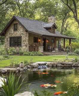 Stone cabin with wooden porch next to pond with koi fish in wooded garden setting