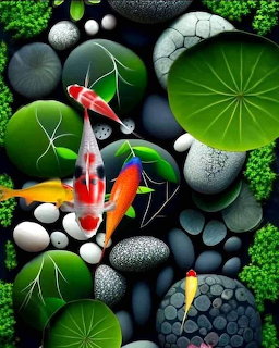 Colorful koi fish swimming among lily pads and dark stones in a zen garden pond