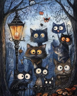 Group of cartoon black cats with large glowing eyes clustered around a lit lantern in a dark Halloween scene