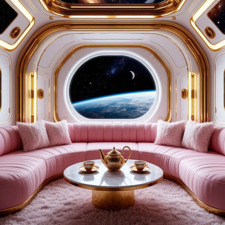 Futuristic pink lounge interior with curved sofa, gold table, and space view through large window