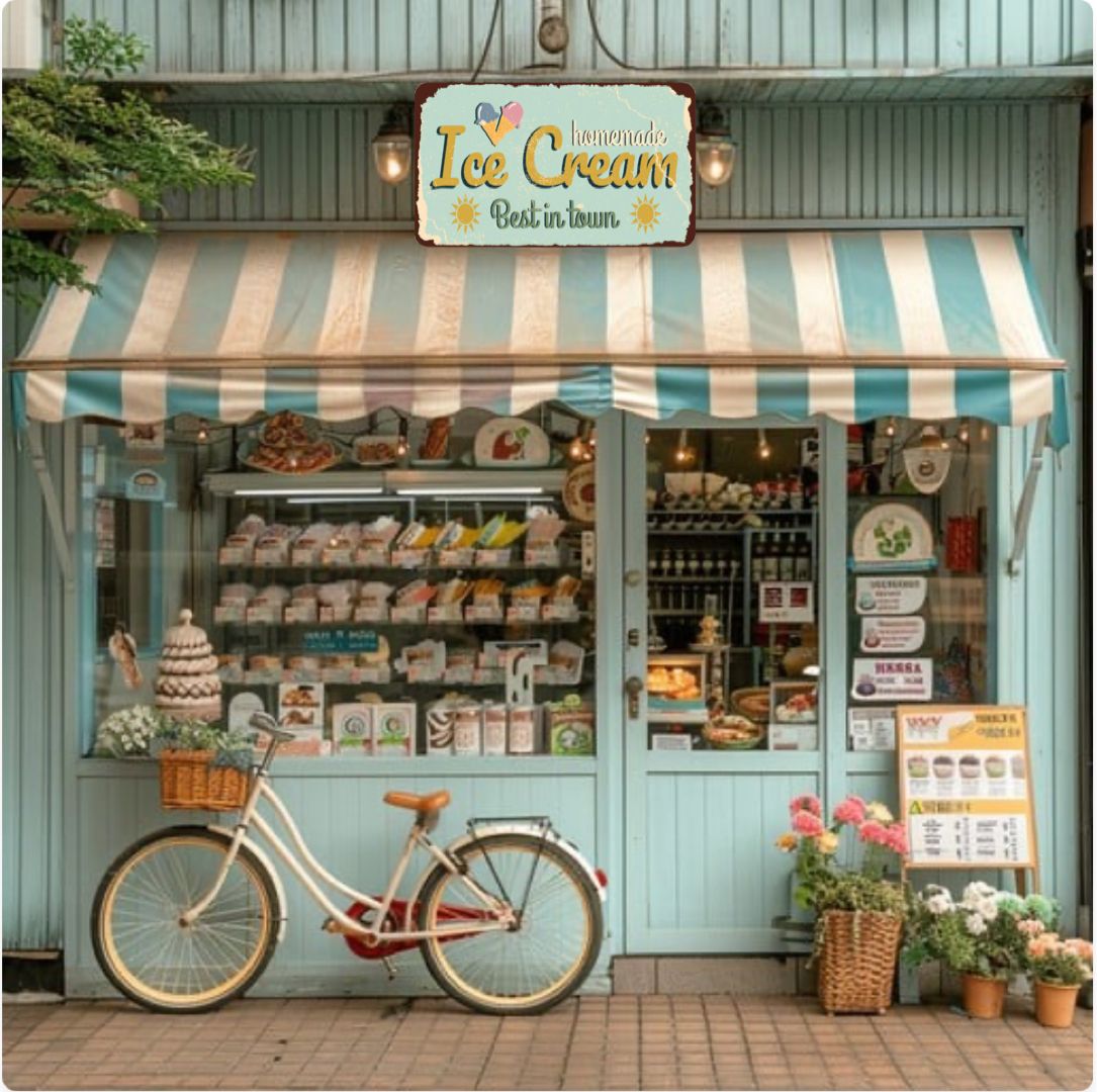 Charming turquoise ice cream shop storefront with striped awning, vintage bicycle, and flower baskets