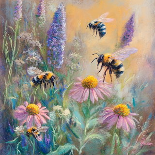 Painting of bumblebees flying around pink coneflowers and purple wildflowers