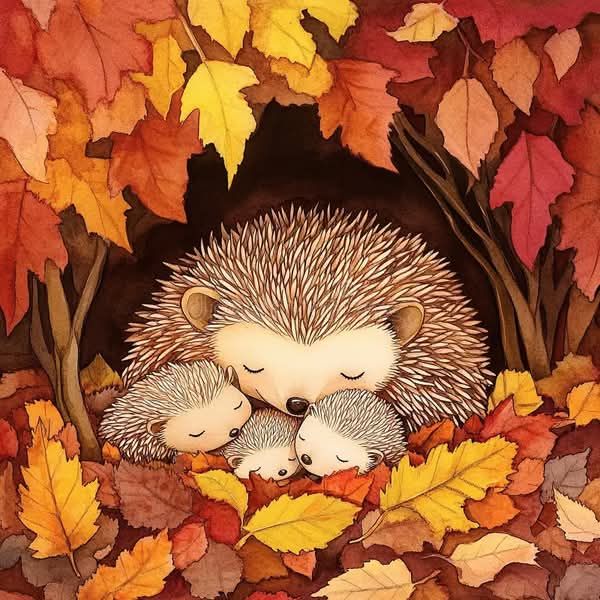 Hedgehog Family in Autumn
