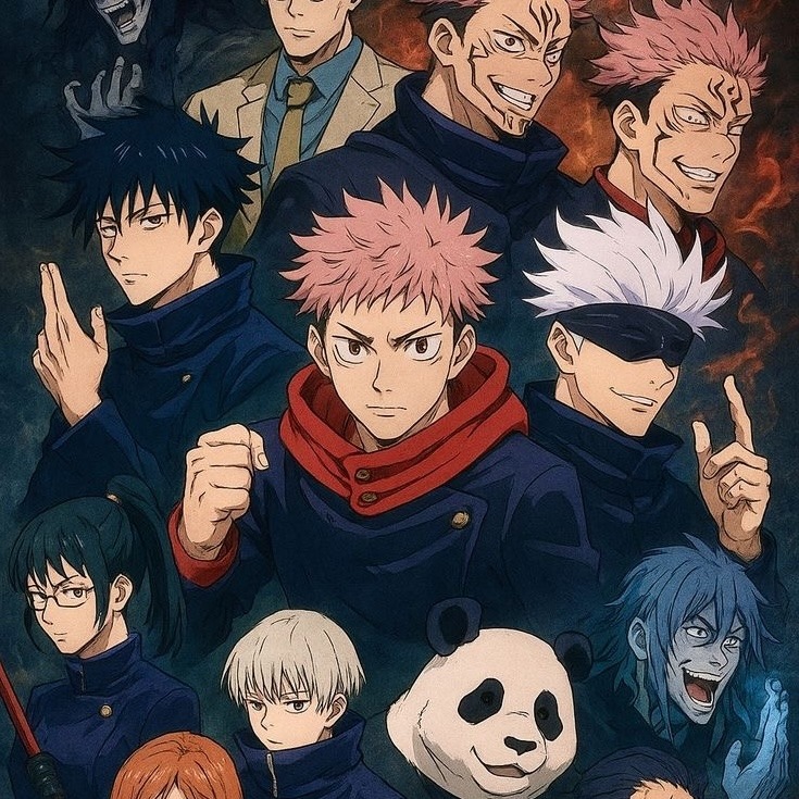 Anime group portrait of Jujutsu Kaisen characters with a panda and dark dramatic background