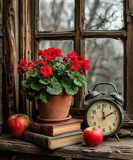 Red geranium flowers in clay pot beside vintage clock and books on wooden windowsill with rain-streaked window