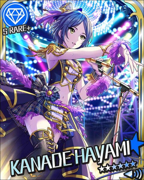 Anime card art of Kanade Hayami in purple gold idol costume with microphone, S RARE+ rarity