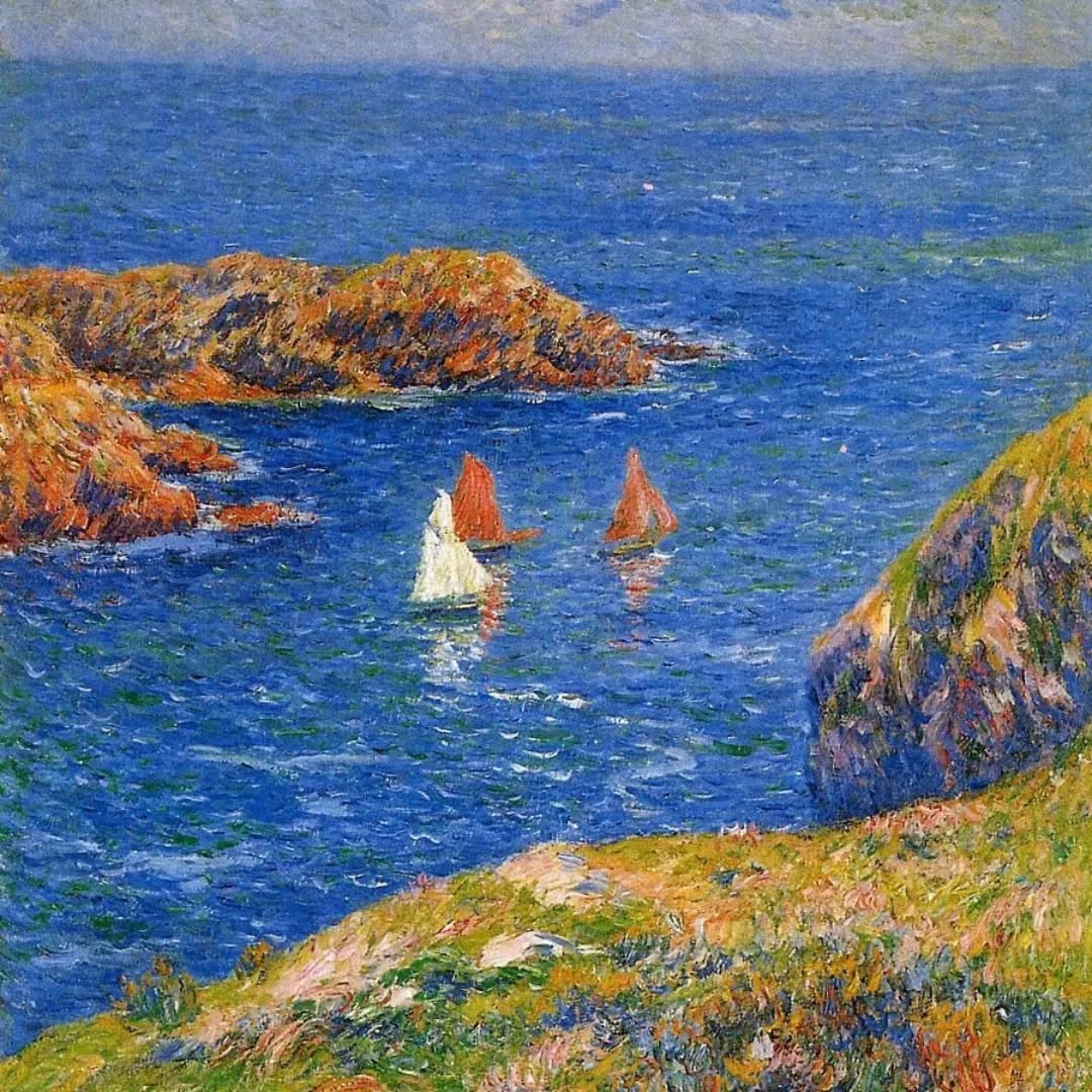Impressionist painting of sailboats on calm blue water between coastal cliffs with grassy hillside in foreground