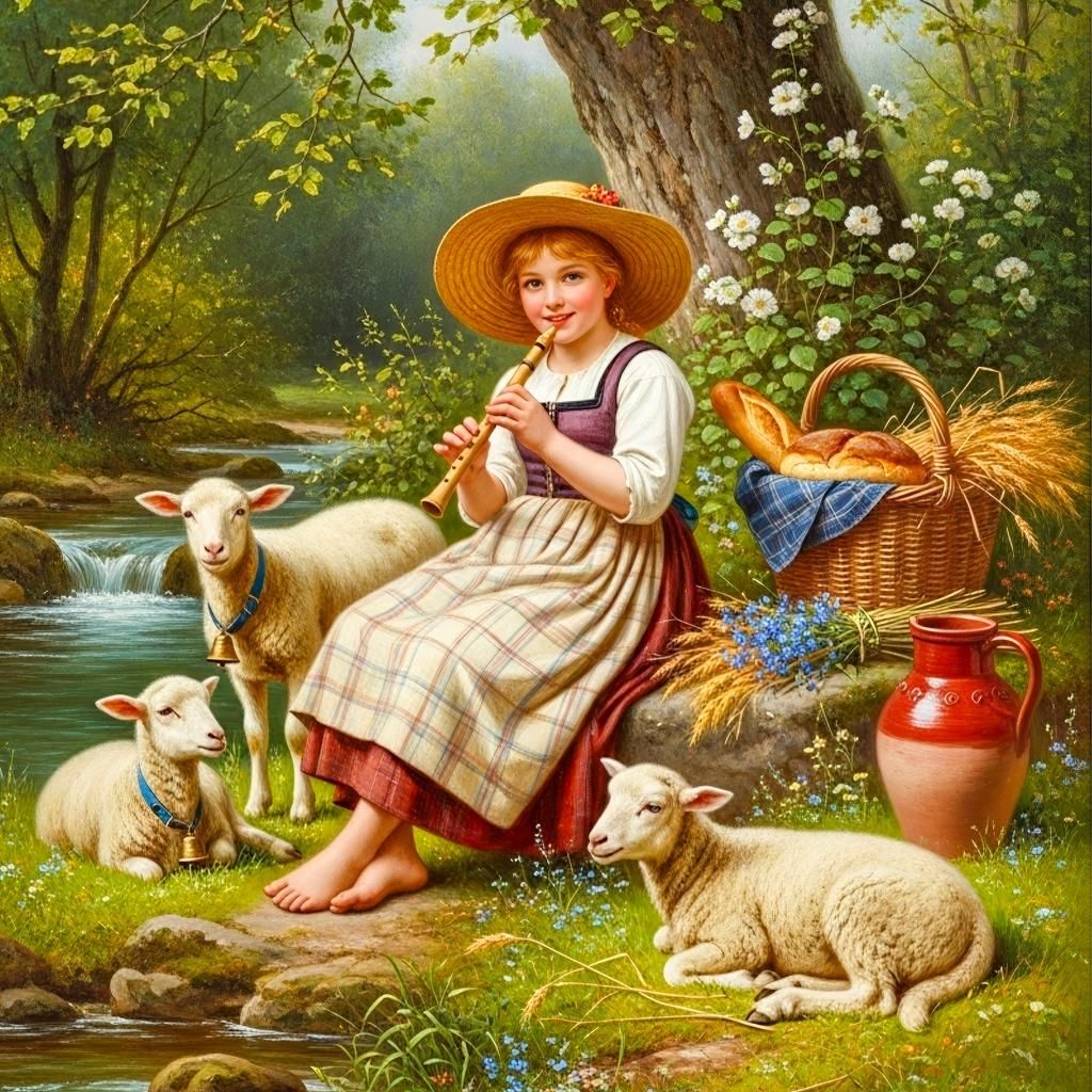 Shepherdess with Lambs by Stream