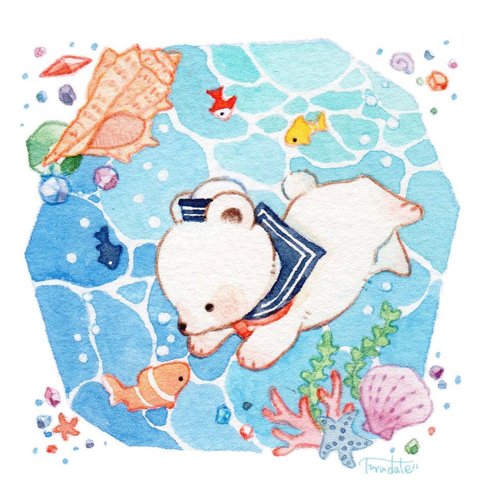 Cute white bear underwater with orange fish, coral, shells, and blue water patterns