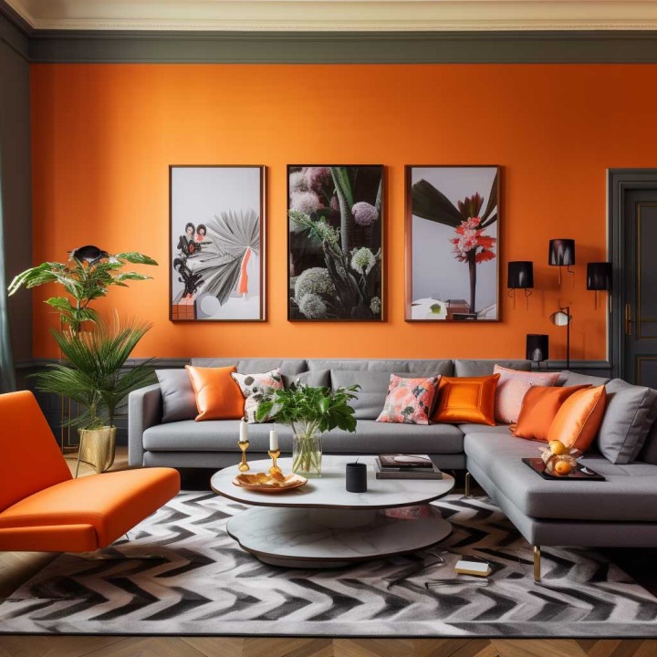 Modern living room with orange wall, gray sofa, orange pillows, chevron rug, and framed botanical prints