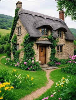 Stone cottage with thatched roof surrounded by flower gardens and green hills