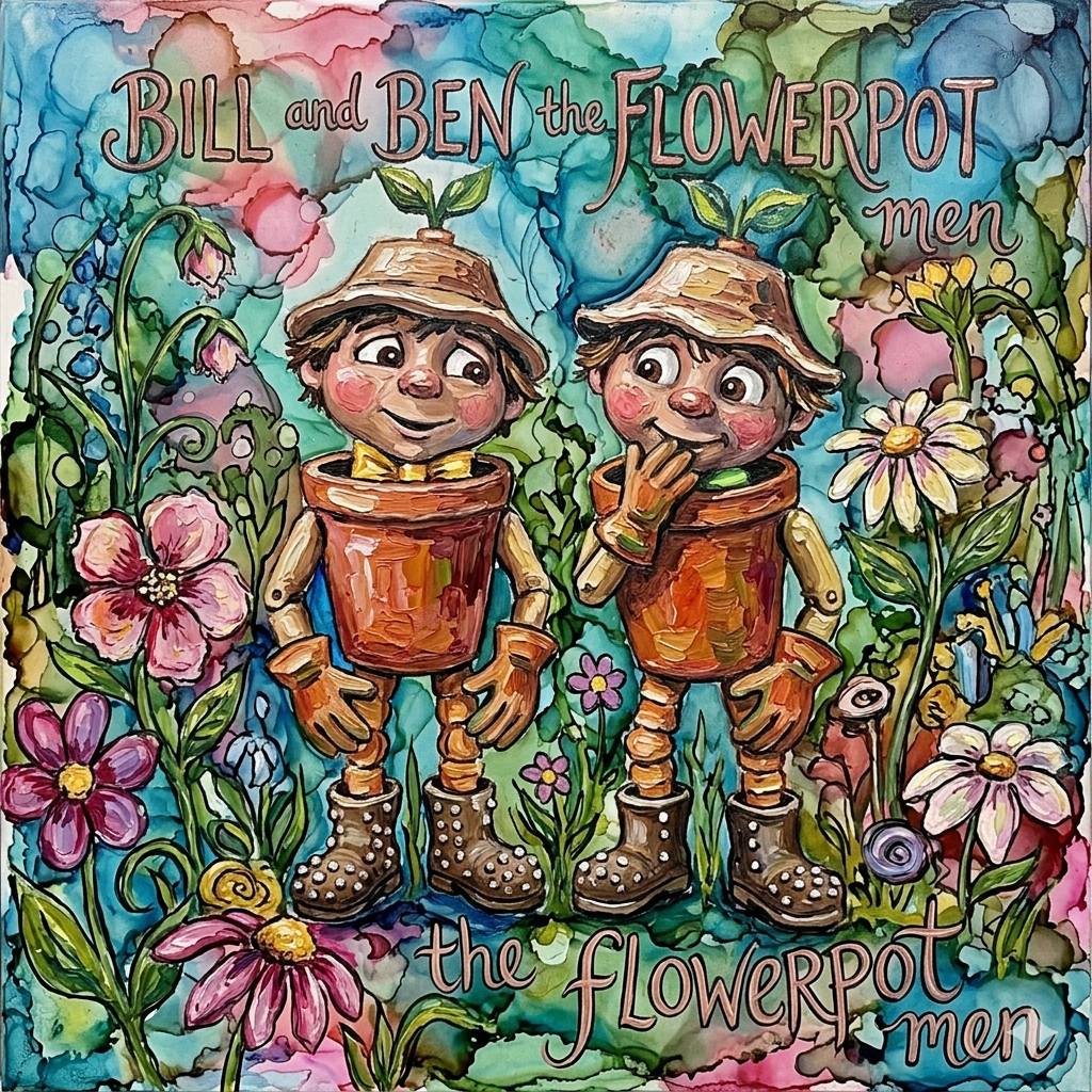 Two smiling cartoon characters emerging from orange flowerpots amid pink, white, and purple flowers with ornate text above