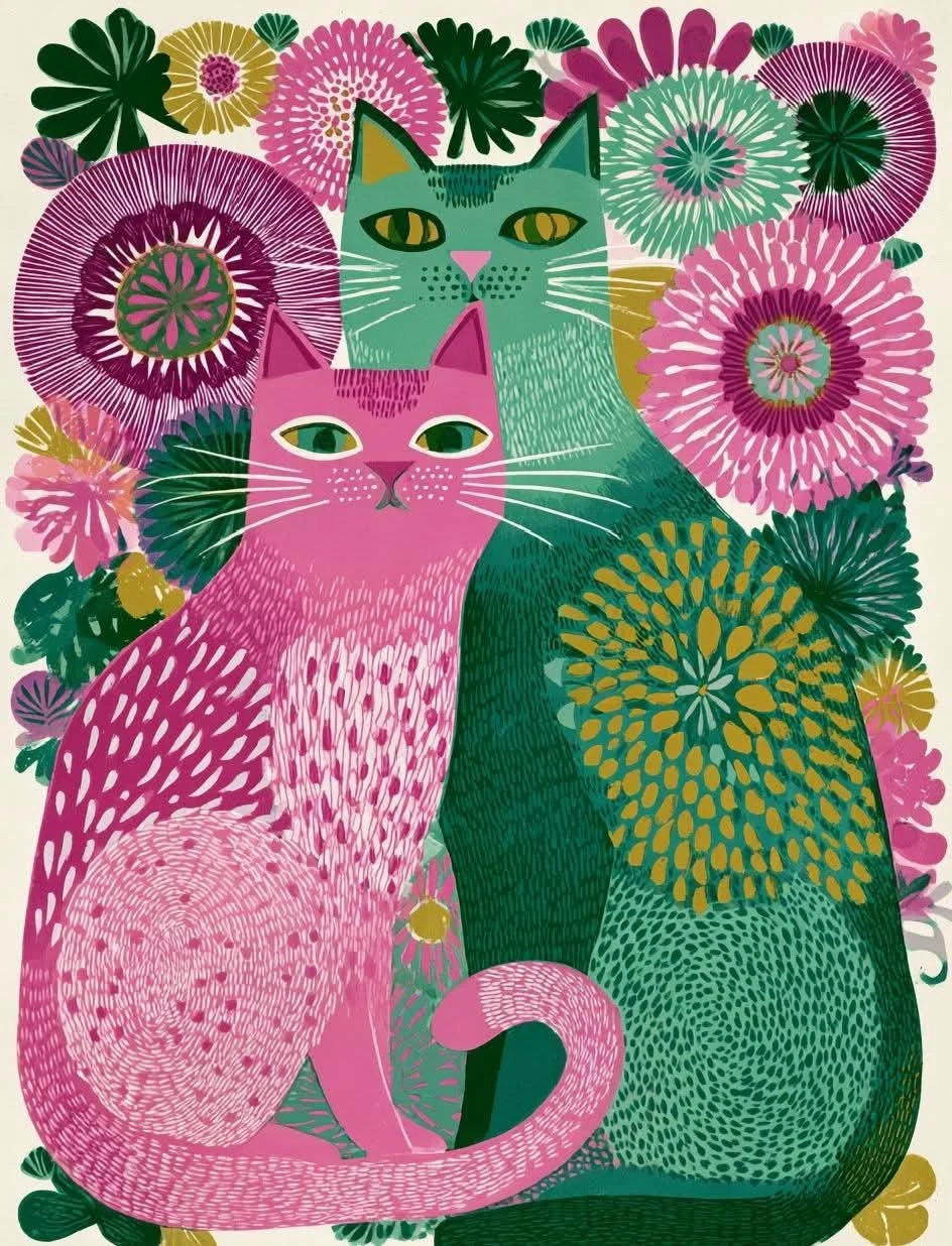 Illustration of pink and green cats surrounded by stylized flowers