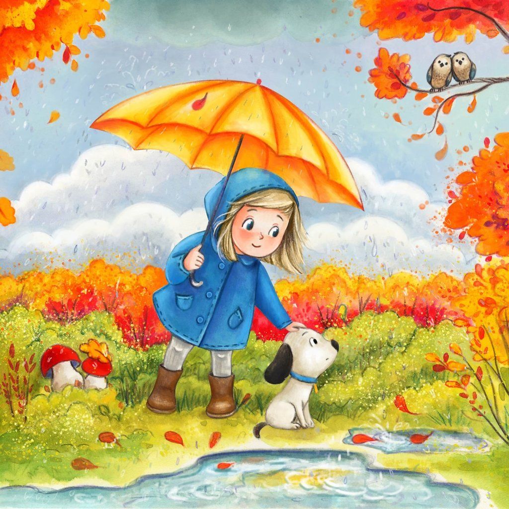 Cartoon girl in blue coat with orange umbrella and white dog in autumn scene with falling leaves