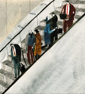 Watercolor illustration of people standing on an escalator viewed from above