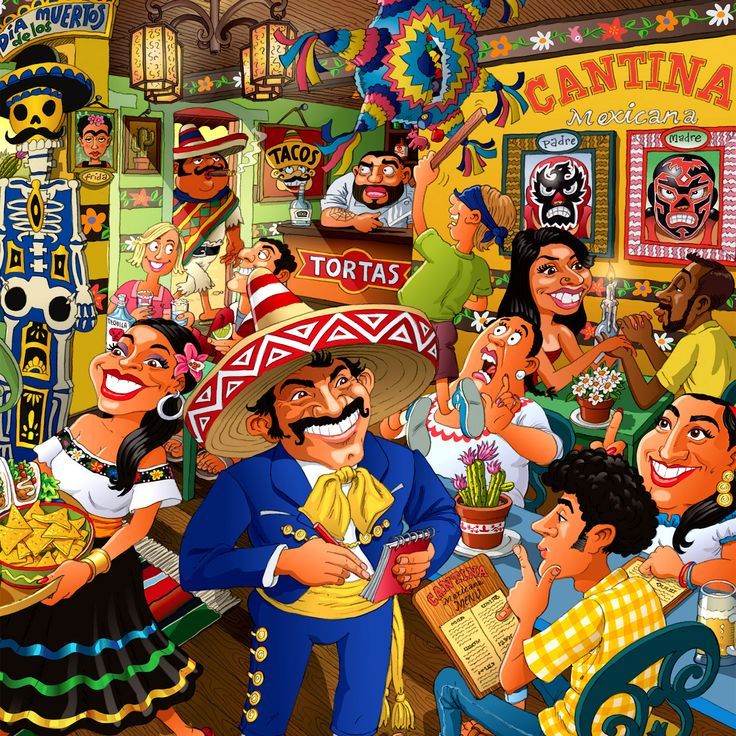 Colorful cartoon illustration of people celebrating in a lively Mexican cantina with food and decorations