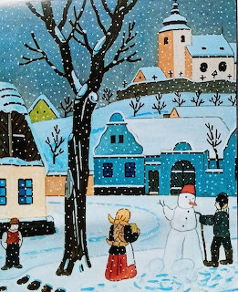 Folk art winter village scene with children building snowman near colorful snow-covered houses and church