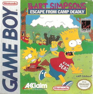 Bart Simpson's Escape from Camp Deadly Game Boy video game box art showing Bart fleeing from a bear