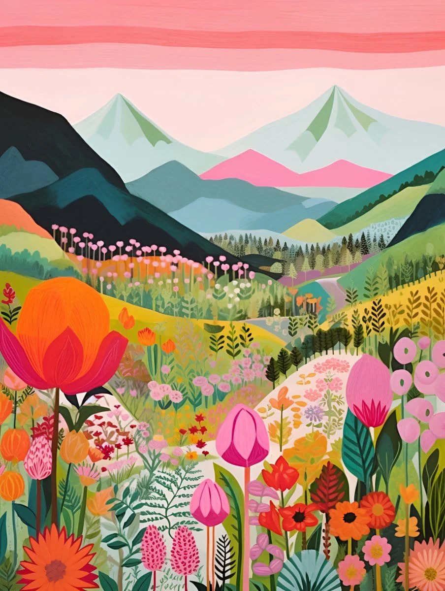 Colorful Abstract Mountains and Flowers