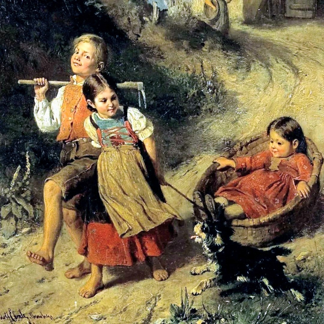Painting of three children playing outdoors on a dirt path, with one seated in a basket