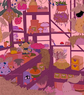 Illustrated scene of various grass-type Pokémon characters gathered in a market setting with plants and food items
