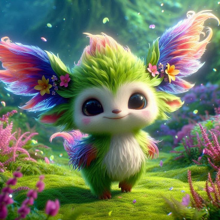 Cute fluffy green fantasy creature with big eyes and colorful ears in a flower meadow