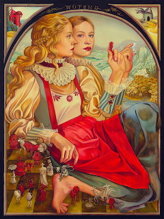 Alice in Wonderland illustration showing blonde girl in red dress holding golden key with rabbit and cat in ornate frame
