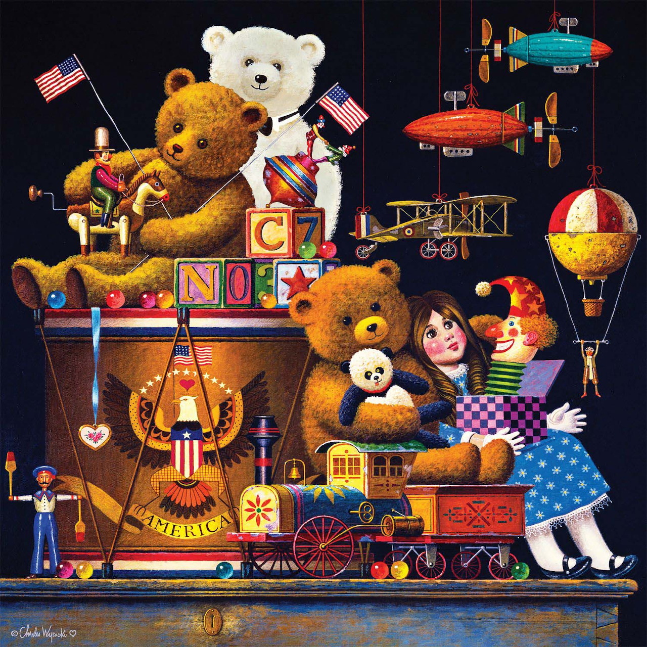 Colorful vintage toy collection with teddy bears, trains, carousel, and dolls on wooden shelves