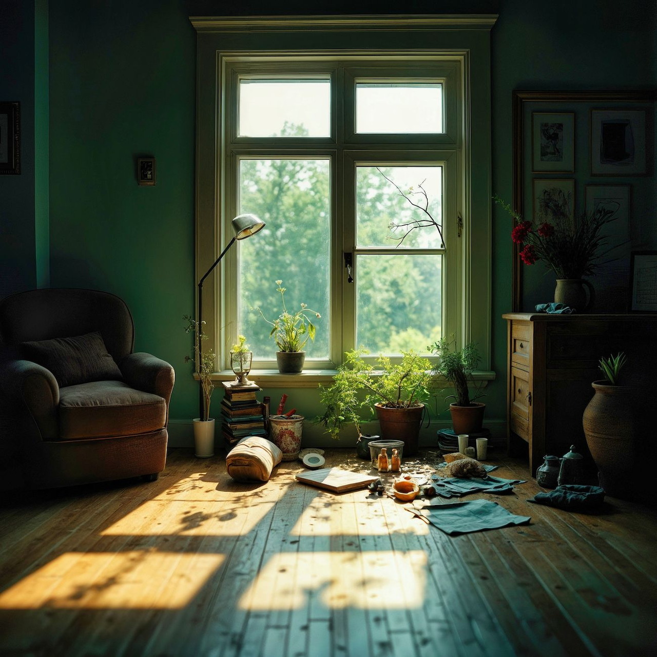 Sunlit room with a large window, houseplants, wooden floor, armchair, and scattered books