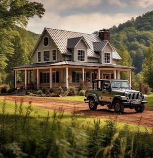 Gray farmhouse with wraparound porch and metal roof surrounded by green hills with a Jeep parked in front