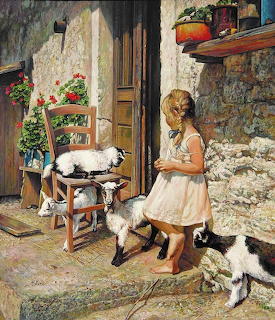 Painting of girl in white dress with cats by cottage door, stone walls and flowers