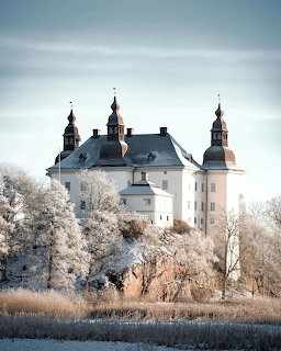 White Swedish castle with dark onion-dome spires surrounded by frost-covered trees in winter