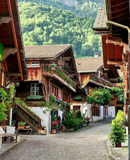 Traditional wooden chalets along a cobblestone street in Brienz with forested mountains behind