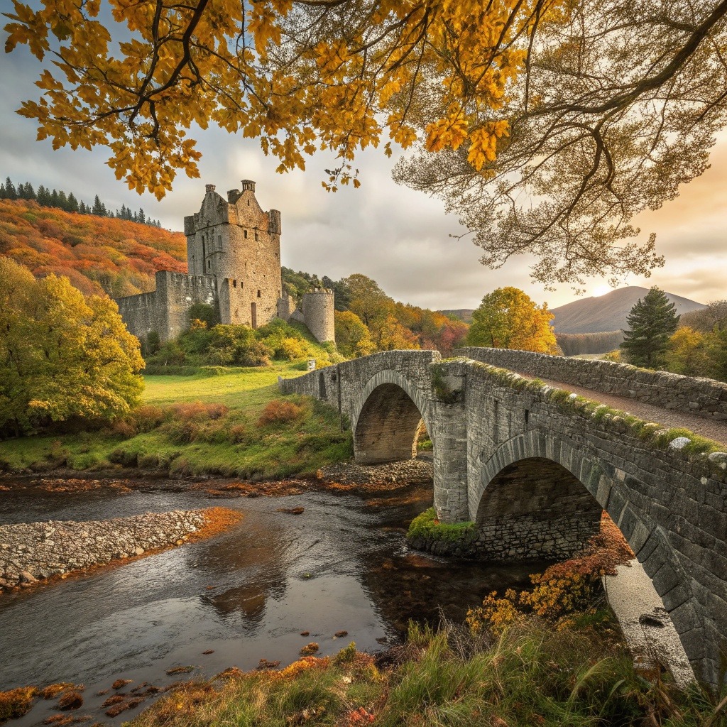 Stone castle tower and arched bridge in Scottish Highlands surrounded by autumn trees and rolling hills