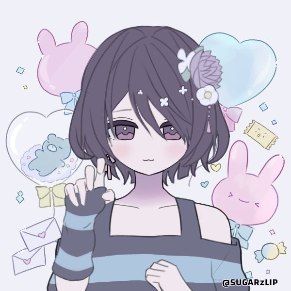 Anime girl with short dark hair making a peace sign beside pastel bunny balloons