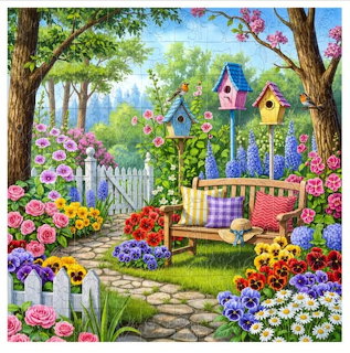 Illustrated flower garden with a bench, birdhouses, white fence, and stone path beneath trees
