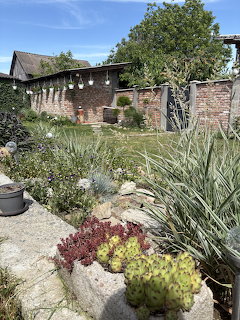 Garden courtyard with mixed plants, brick wall, and rustic building under a blue sky