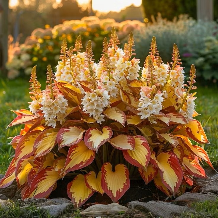 Variegated hosta with cream flower spikes and yellow-red leaves in a garden