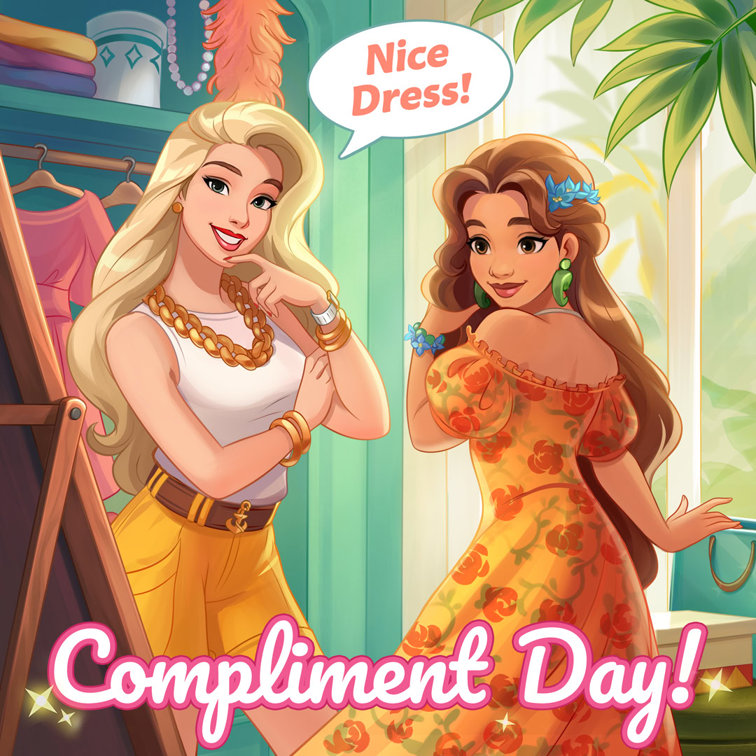 Two animated women giving compliments to each other in a colorful tropical scene