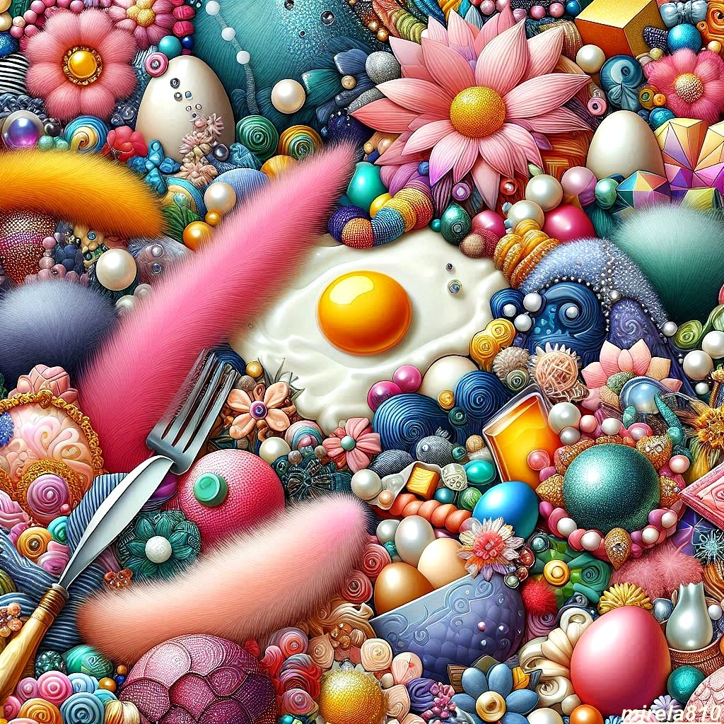 Colorful 3D collage with fried egg, beads, flowers, sausages and embellishments in surreal arrangement