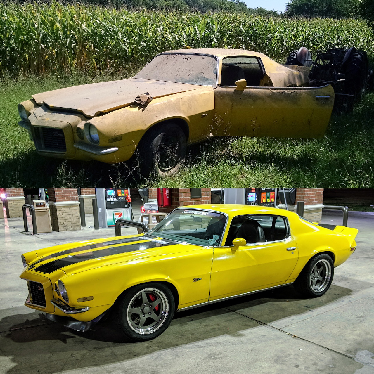 Side-by-side yellow Camaro: rusty abandoned car above, restored classic car below